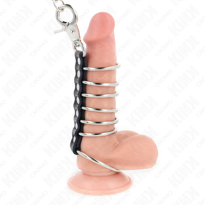 KINK - 7 METAL PENIS RINGS 3.8 CM TO 5 CM CONNECTED WITH LEATHER AND METAL CHAIN 100 CM - Bild 2